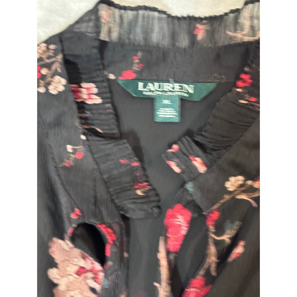 Lauren Ralph Lauren Floral Tie Neck‎ Blouse Black Red Sheer Sleeve XL READ - Picture 3 of 6